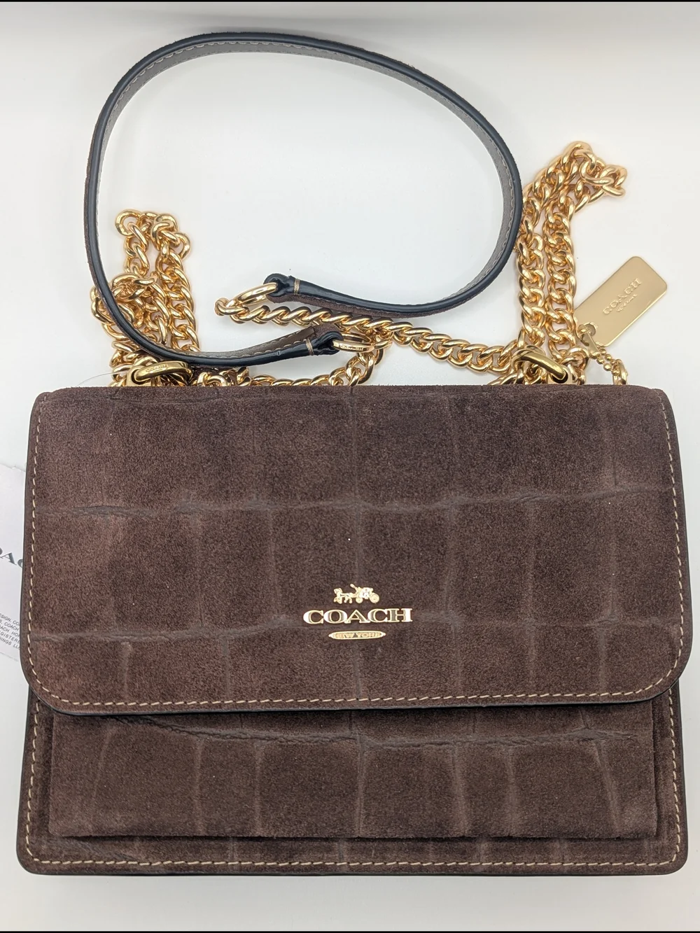 NWT Coach Klare Brown Croc Suede Crossbody Bag Gold Chain C8869